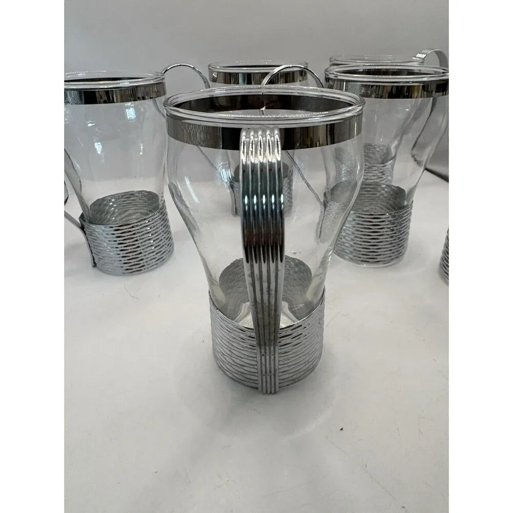 Vintage Mid Century Federal Glass Soda Fountain Glasses Metal Holders And Handle
